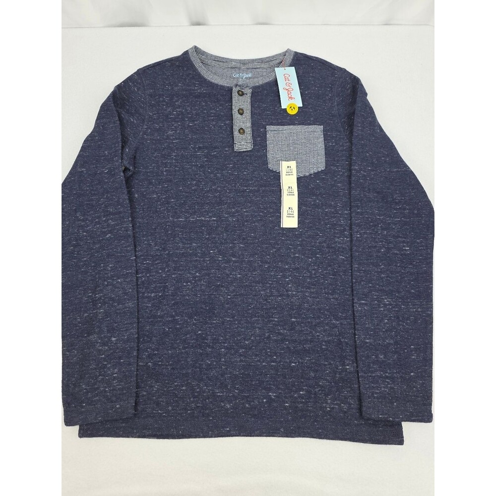 Cat & Jack Boy's Navy Heathered Henley with Stripe Pocket Size XL (16) NWT 3502